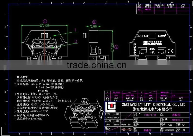 Dinrail terminal block mini spring typeJUT3-1.5F -WS 1.5-DB screwless
