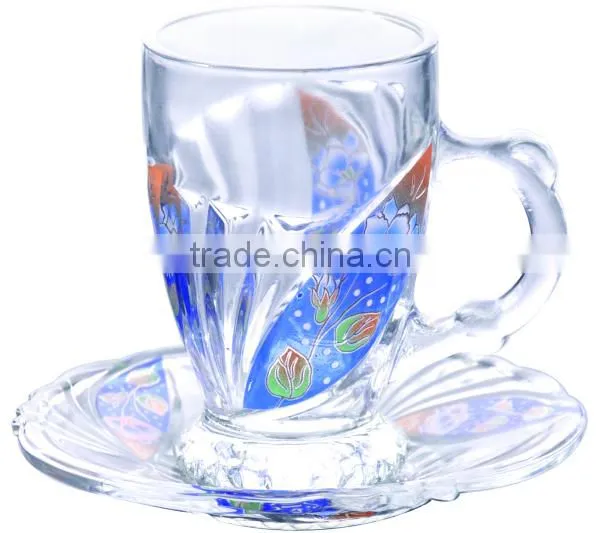 Beautiful decal glass tea cup saucer set