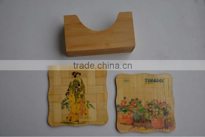 6 pcs Chinese Image Pattern Nature Bamboo Woode Coaster Kitchen Cup Mat with Wooden Holder Set