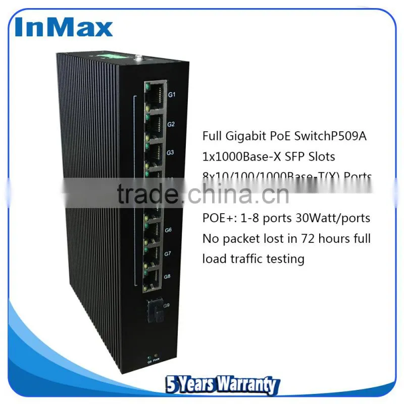 9 port Gigabit PoE Industrial network Switches, Up to 30 watts output of each PoE port P509A