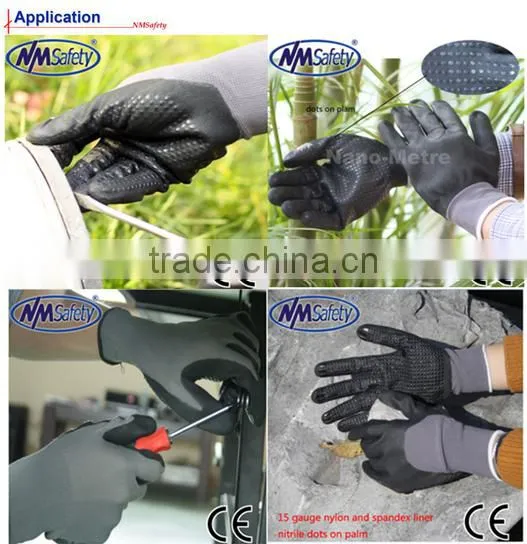 NMSAFETY 13g knitted balck nylon and spandex coated black nitrile wroking glove /industrial wrok gloves