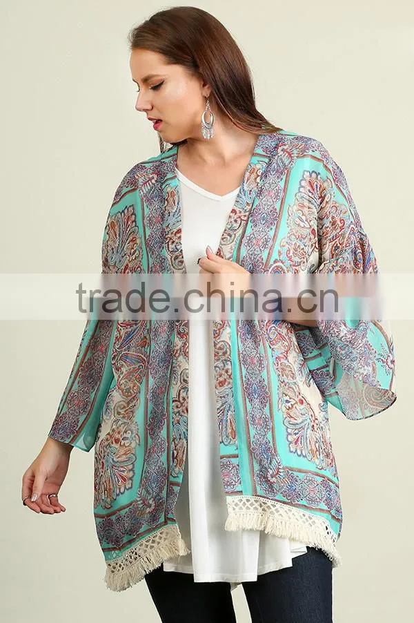 Women Wholesale Boutique Clothing Bohemian Border Print Woven Open Front Fringe Hem Cardigan Clothing Factories In China