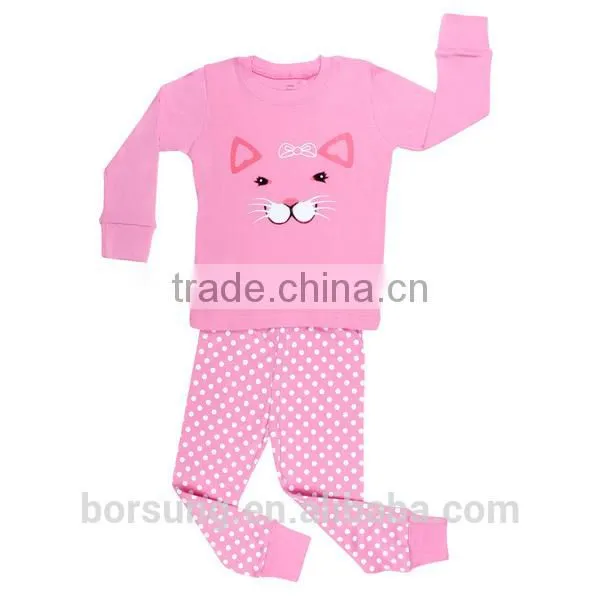 Small MOQ 2015 Fashion High Quality Pink Children Clothing Factory Long Sleeve Cotton Cute Cat Face Printed Kids Pajamas