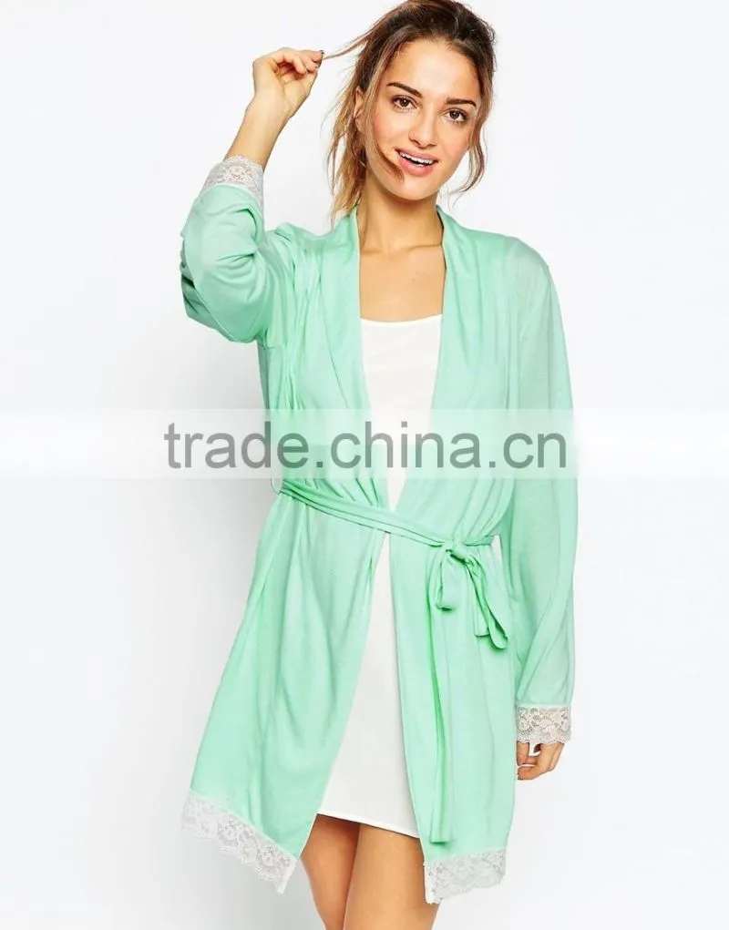 Soft touch jersey fabric open front lace trim bath robe for lady