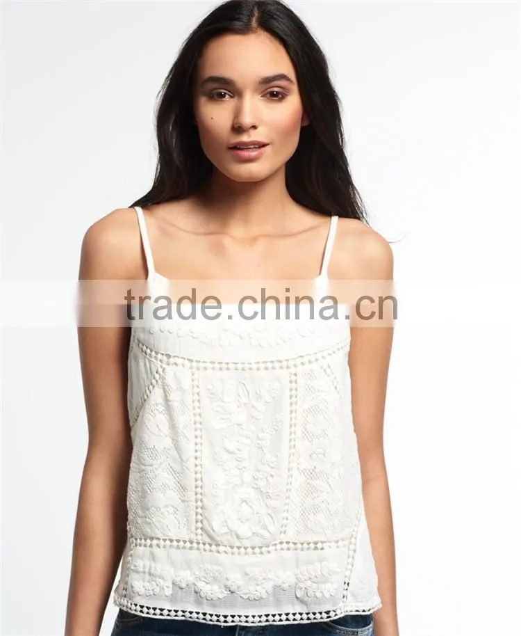 2016 Guangzhou Shandao Hot Selling New Arrivals Sexy Women Spaghetti Strap Embroidered White Lace Summer Top