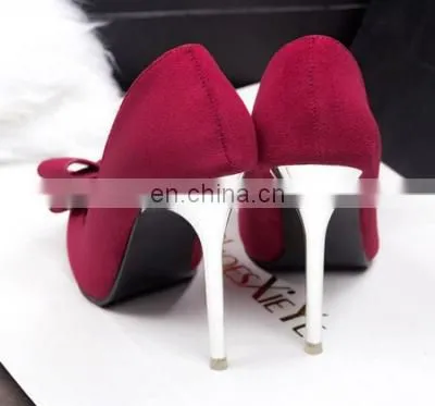 2015 New Office Ladies Red/Green/Black Color Shallow Mouth Bow Pointed Plus Size High Heel Shoes Fashion Suede Heels