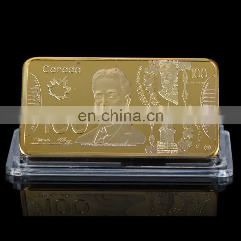 WR 100 Canadian Dollar Quality 24k Gold Plated Bar Metal Crafts with Plastic Case for Home Collection
