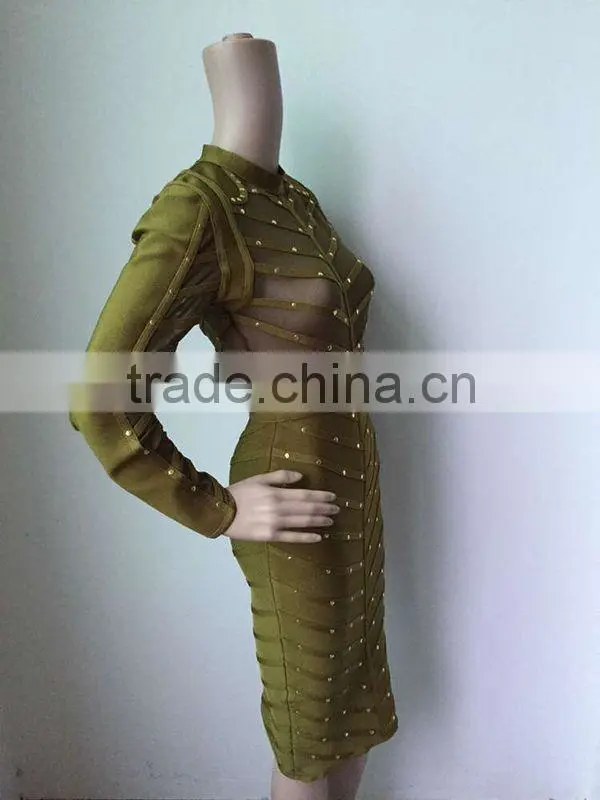 Summer dress army green black long sleeve mesh sey party women beading bandage Dress Bandage Bodycon Women Wearing