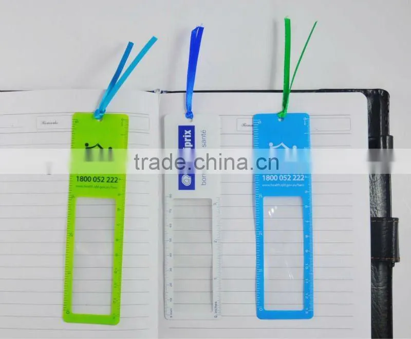 PVC bookmark with ribbon , and with magnifier , with ruller