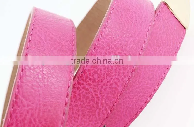 2015 Women's fashion Pink PU leather belts women with smooth gold buckle belt