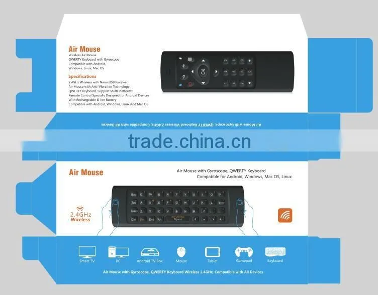 6 gyroscope remote controller wireless air mouse with QWERTY keyboard