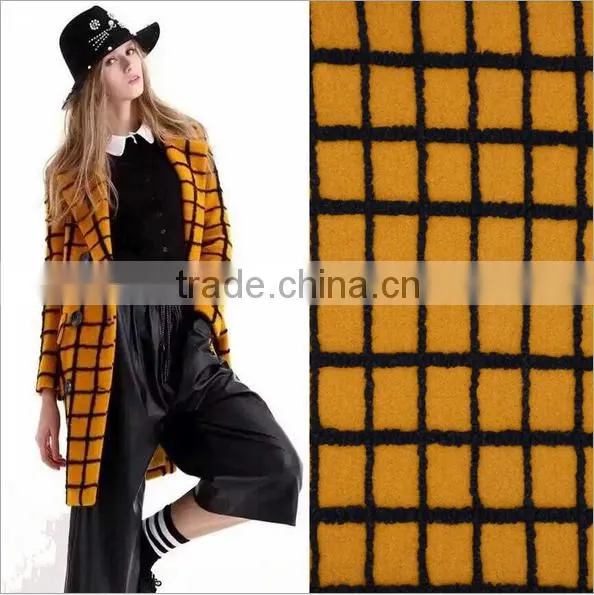 Bright yellow checks jacquard wool acrylic blend fabric for coat