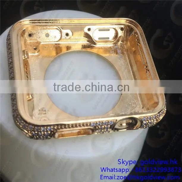 Newest hot selling, crystal steel metal case housing for apple watch 24k gold plated