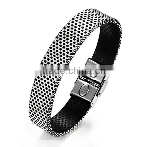 New Men's Personality Stainless Steel PU Leather Bracelet