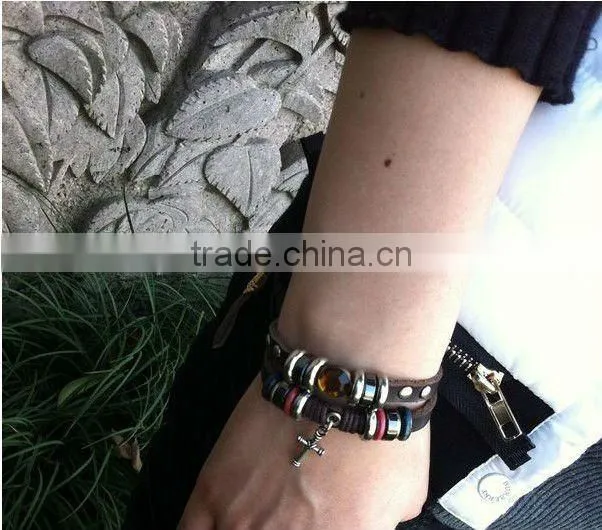 punk style genuine leather bracelets for students with cross drop