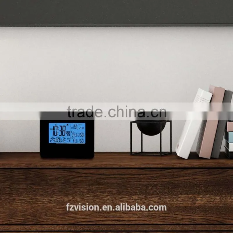 Automatic RCC weather station clock with blue backlight,Thermo-hygrometer Digital Weather Station Clock with 2 Sensors