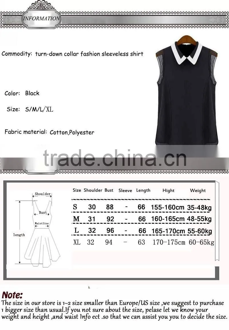 Fashion Cheap 2015 Women Clothing Shirts Spring Summer Chiffon Blouse Turn down Collar Sleeveless Shirt Black White Plus Size