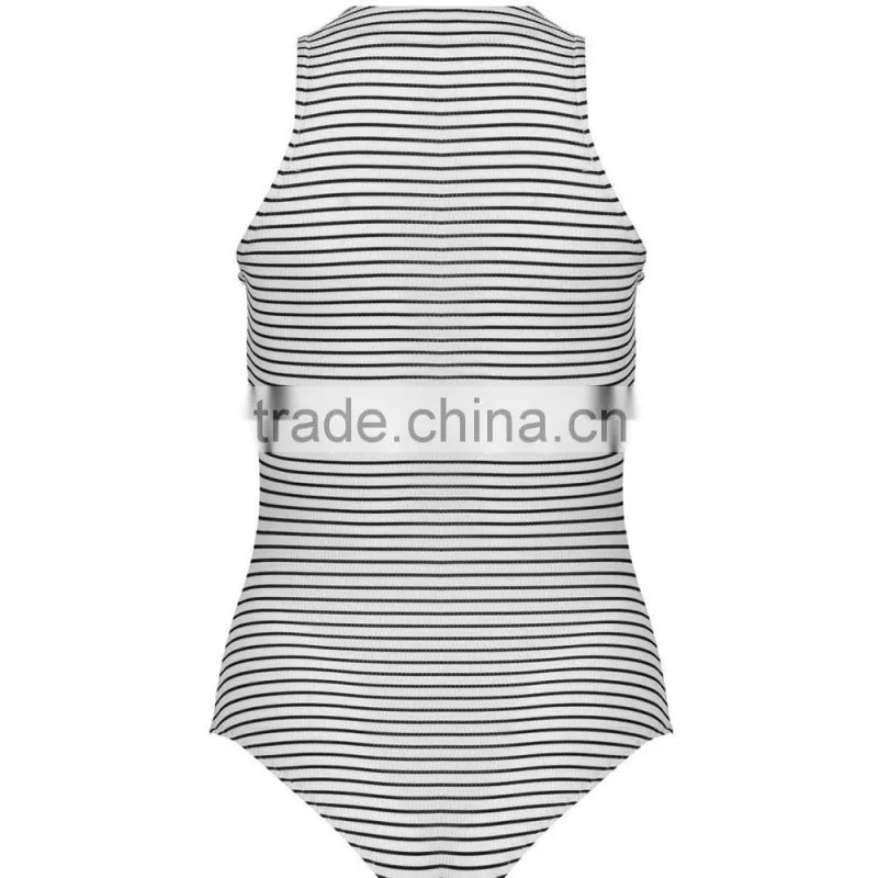 2016 New Fashion Lace Up Front Sleeveless Bodysuits Young Girl Black White Stripe Women Tops
