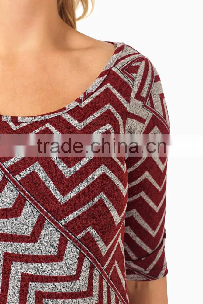 CHINESE MANUFACTURER BURGUNDY GREY GEOMETRIC CHEVRON PRINTED MATERNITY TOP