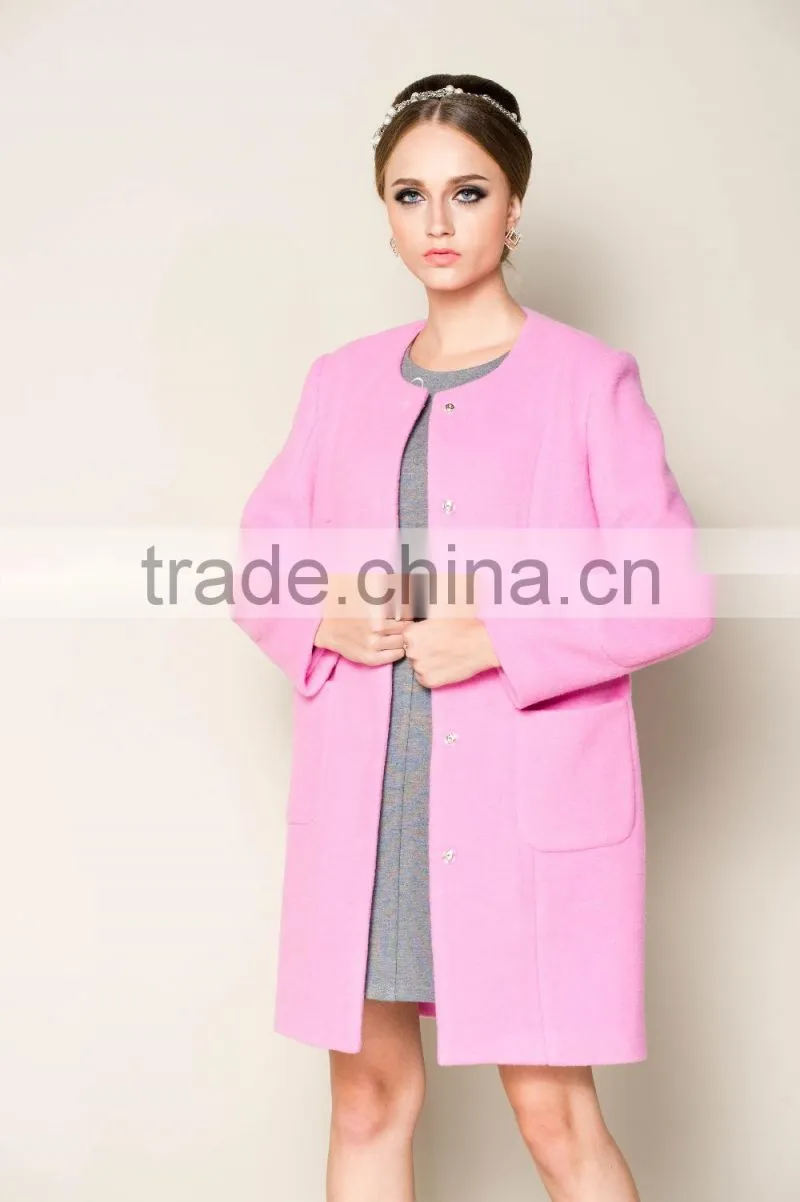 2015 latest fashionable o neck apricot plain style brand name women winter coat