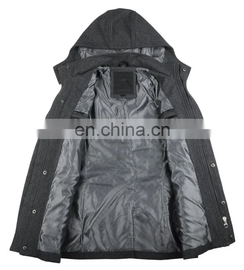 lastest fashion mens hooded woven wool fabric for winter overcoat long