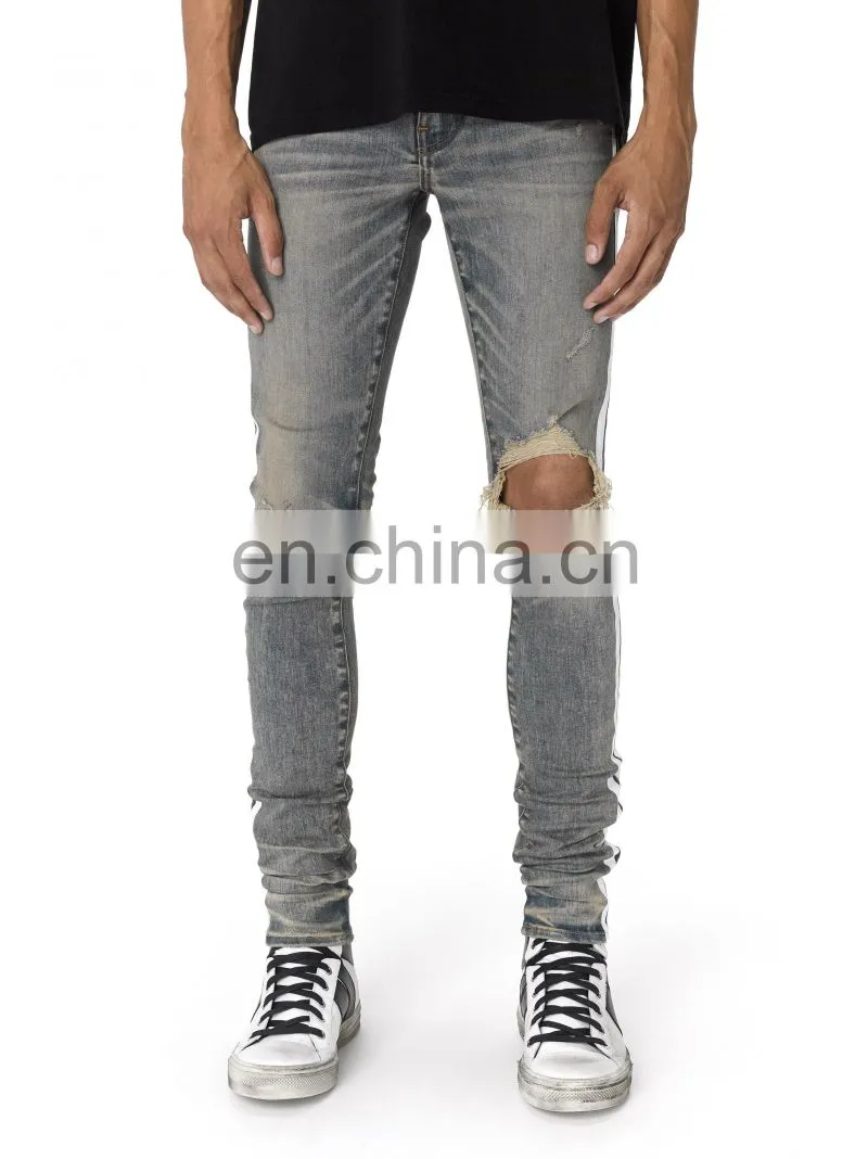 DiZNEW Dirty Indigo White Side Broken Track Ripped Denim Jeans Men