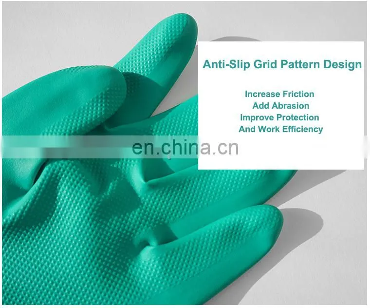 15 mil Long Cuff Flock Lined Green Nitrile Chemical Resistant Gloves for Work Safety