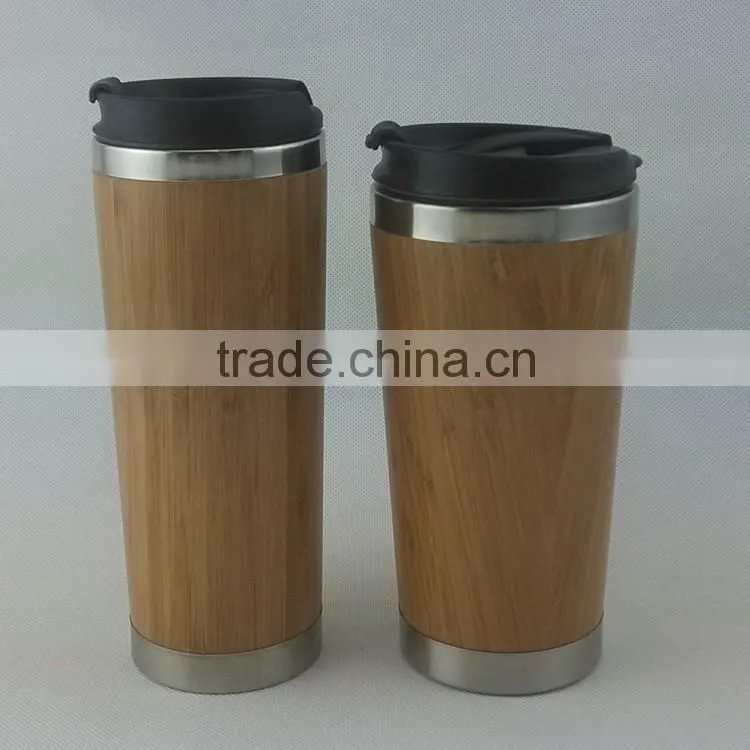 Mlife manufacture good quality 450ml inner 18/8 304 stainless steel outer bamboo vacuum tea mug flask, custom logo