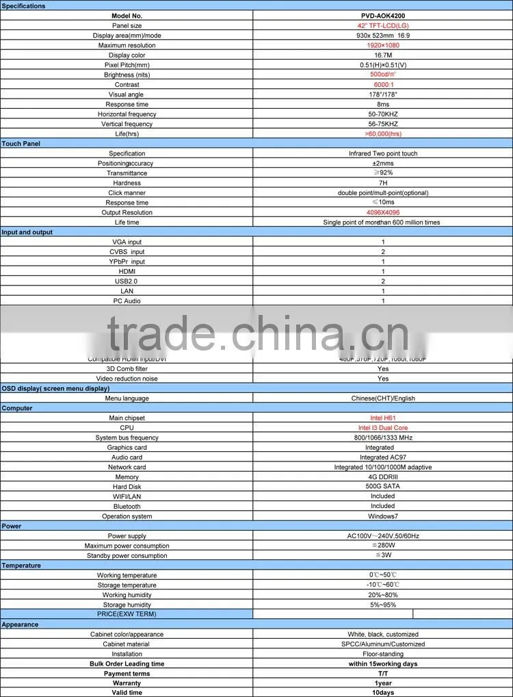 42 '' Standby MultiTouch Shopping Mall Kiosk Self service kiosk