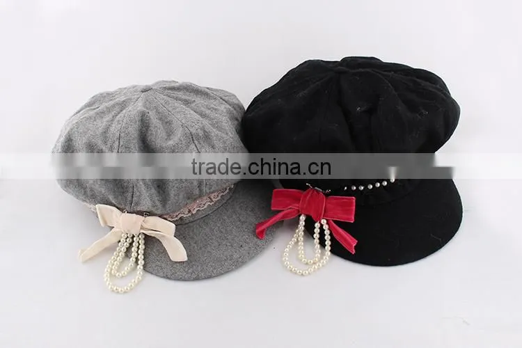 2015 New style original baby girls peaked baseball beret cap with bownot and pearls