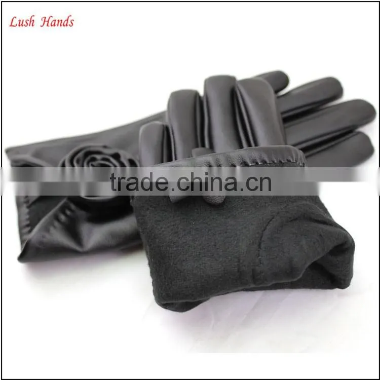 ladies PU leather gloves black with roses