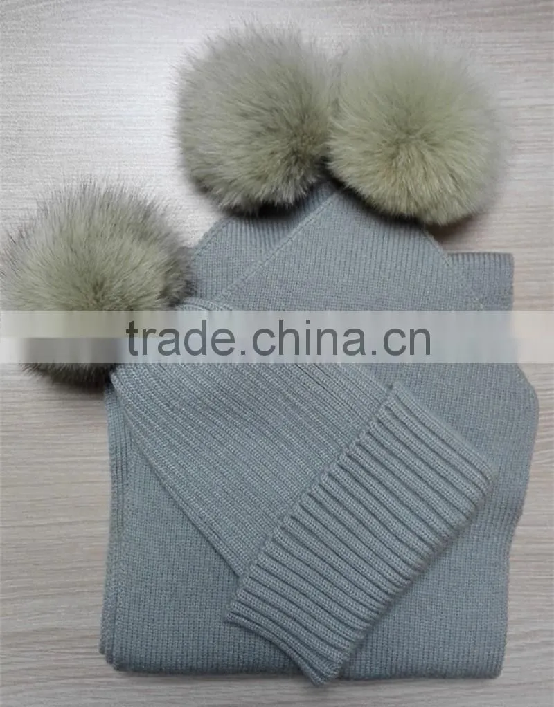 2016 Winter Newest High Quality Knitted 100% Real Racoon Fur Pompom Hat and Scarf Set
