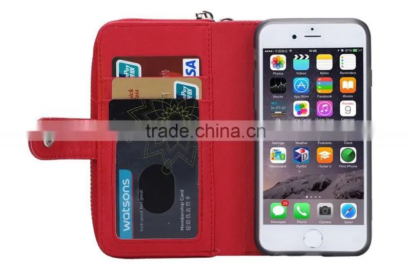 Unique leatherZipper Wallet Card Slot mob phone cover, rose red protective case for iPhone 6/6s