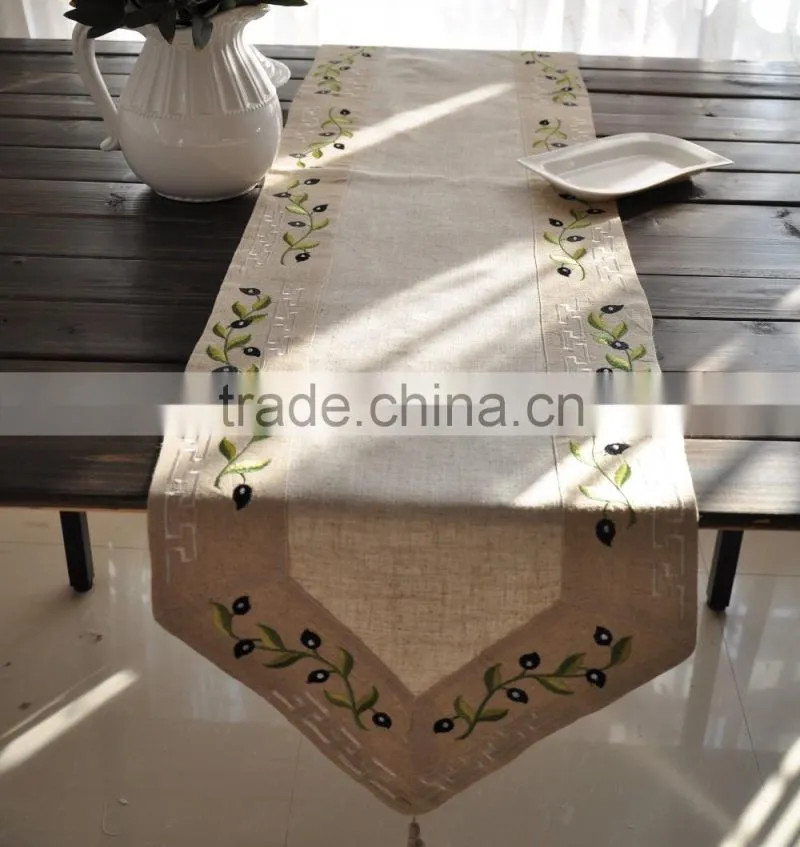 100% Linen /linen/polyester,table runner with embroidery,with tassels,new design