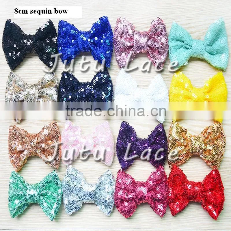 Fancy large 8cm sparkle sequin fabric hair bowknots for headband accessory,16 colors to pick up ,glitter bowknot for clothes