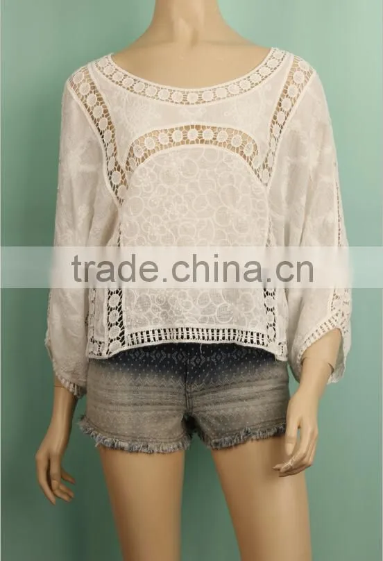 2016 S/A Visible fashionable design ladies knitted crochet 100% cotton blouse