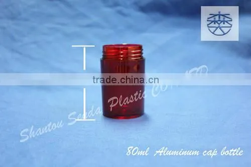 80ML amber plastic bottle with Aluminum screw cap, amber PS pill bottle, Amber acrylic bottle with silvery / golden cap