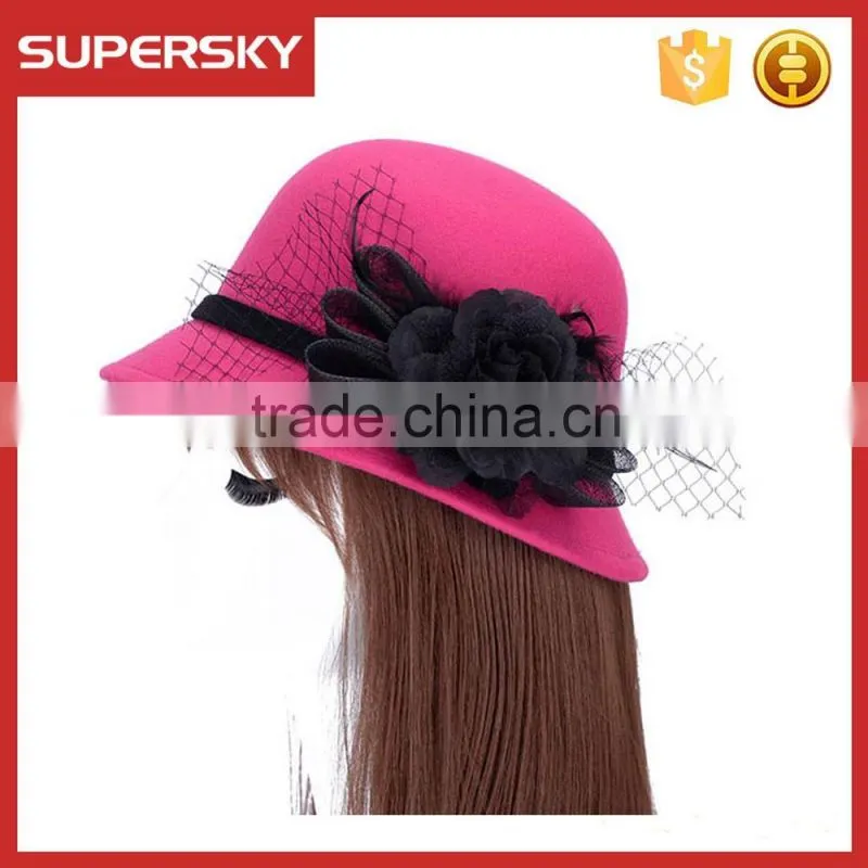 K-108 ladies formal hats with flower charm band wool felt bucket high quality women lace trim homburg