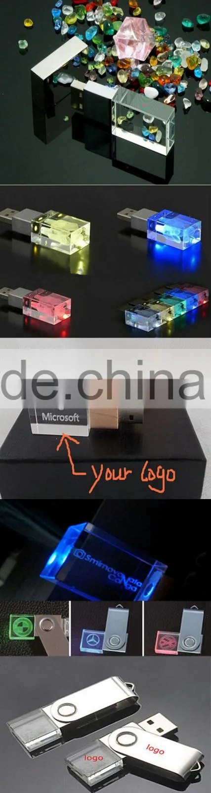 Crystal USB Flash Drive with 3D Logo Laser Printing USB 2.0 4GB 8GB 16GB 32GB Memory Stick Pen Drive Gift box