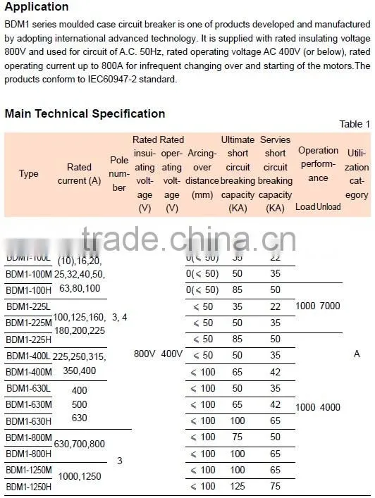 BDM1 630a 800a MOULDED CASE CIRCUIT BREAKER mccb