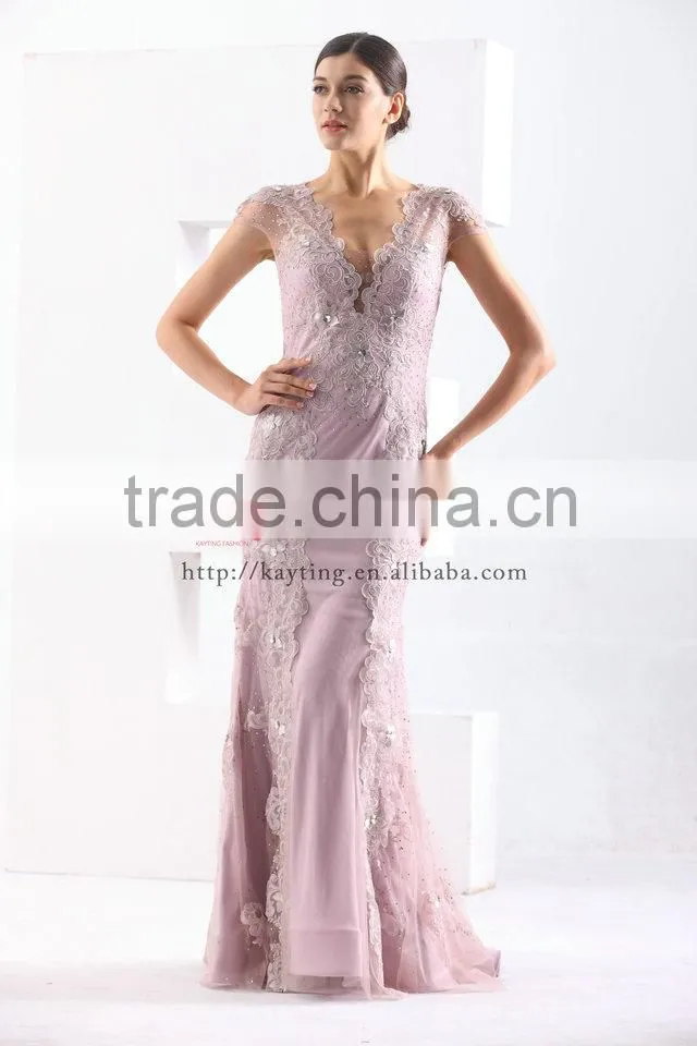 Gorgeous V-neck Cap Sleeve Pretty Appliqued Beaded Sequins Real Sample Prom Dress