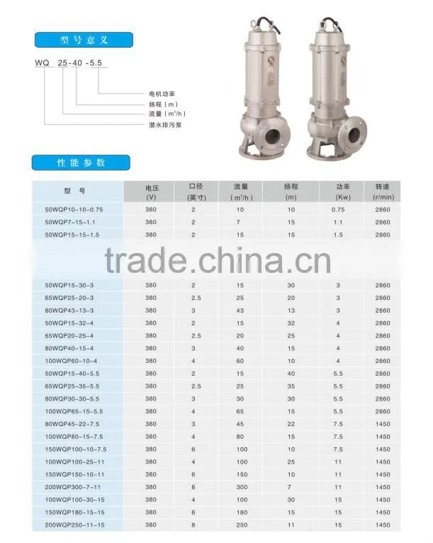 quality guarantee WQP stainless steel 304sewage submersible pump