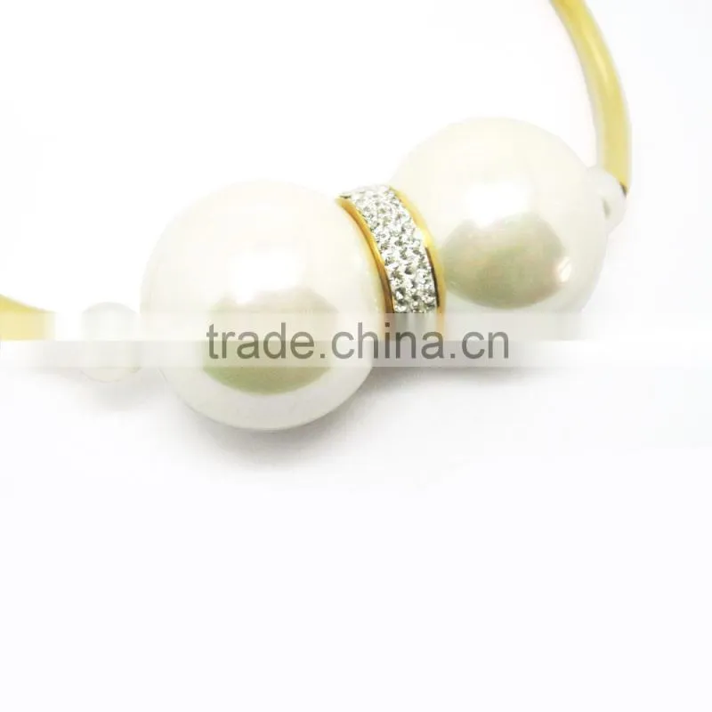 Stainless Steel Gold Tone Rhinestone Big Chunky Pearl Necklace