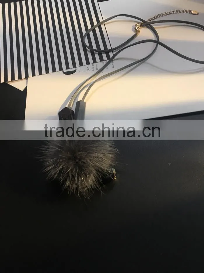 winter mink fur ball pendant necklace geometric bead suede leather necklace velvet leather necklace