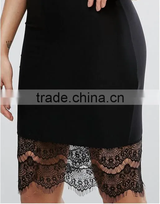 Lace Trim Black Cami Midi Dress Sexy Slim Spaghetti Strap Tight One-piece