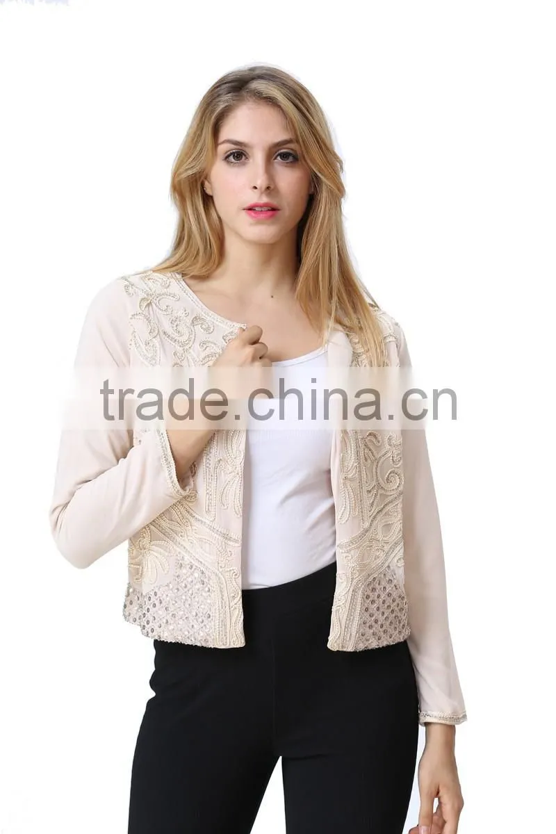 Guangzhou factory Casual Beautiful Lady Blazer /Jacket with embroideried detail for ladies