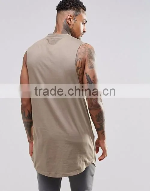 Men 100% cotton blank super long line notch neck sleeveless tee shirt factory suppliers in China