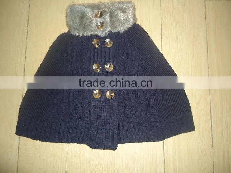 2016 winter fur collar cable knitted baby sweater ponchos