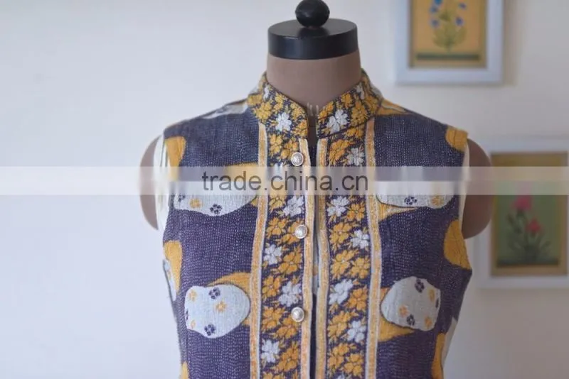 Vintage Kantha Vest in Yellow & Purple Floral Print ~ Small