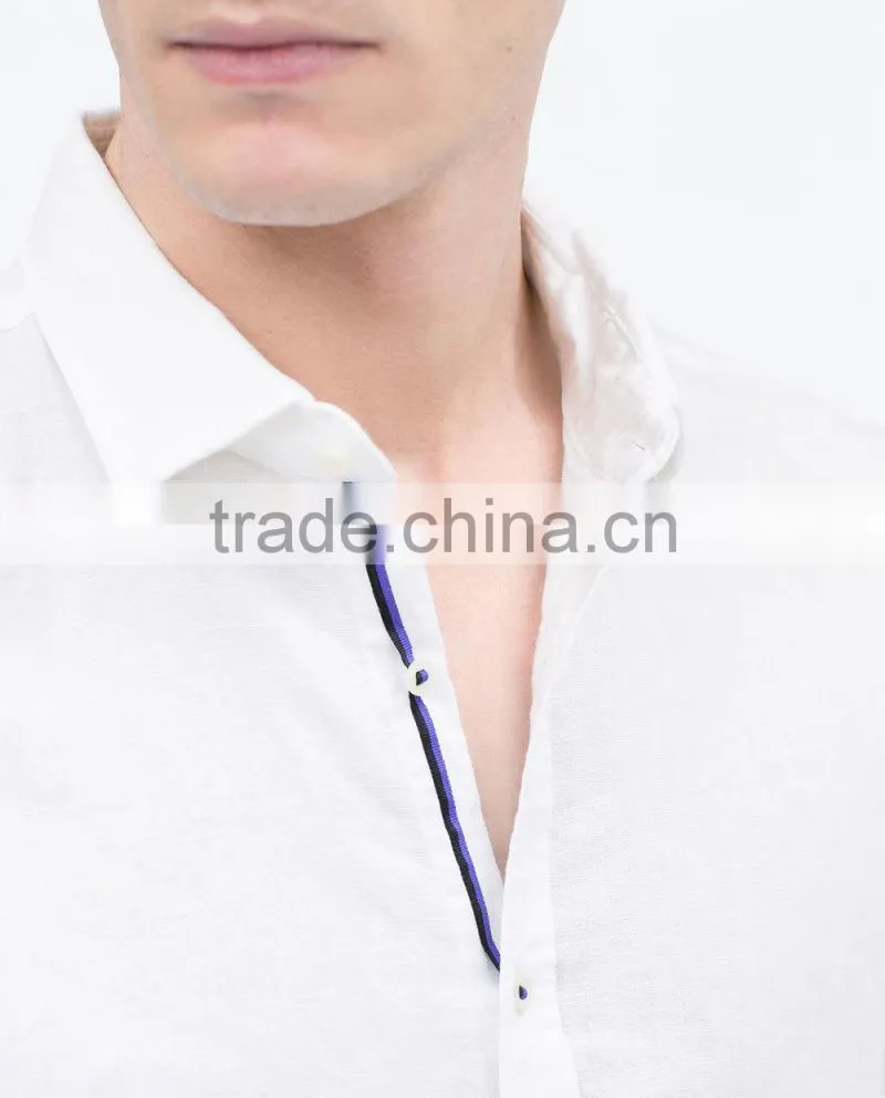 2015 linen cotton classic collar solid color contrast ribbon breathable fabric latest design for holiday